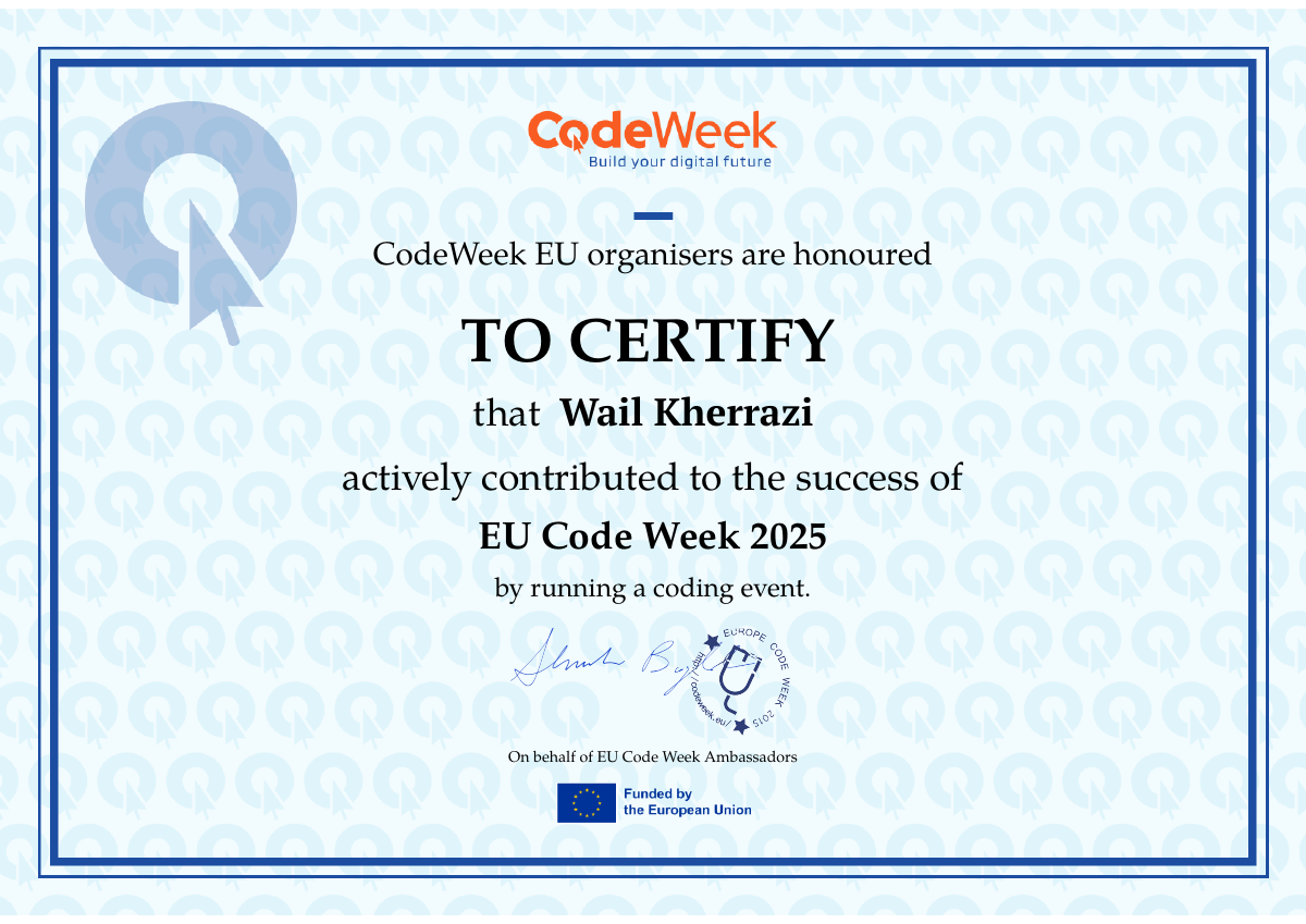 Officieel EU Code Week 2025-certificaat voor Wail Kherrazi
